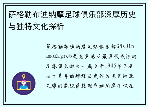 萨格勒布迪纳摩足球俱乐部深厚历史与独特文化探析