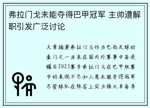 弗拉门戈未能夺得巴甲冠军 主帅遭解职引发广泛讨论 弗拉门戈未能夺得巴甲冠军 主帅遭解职引发广泛讨论